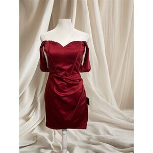 Lulus Women's Off Shoulder Burgundy Satin Mini Dress Size S Formal